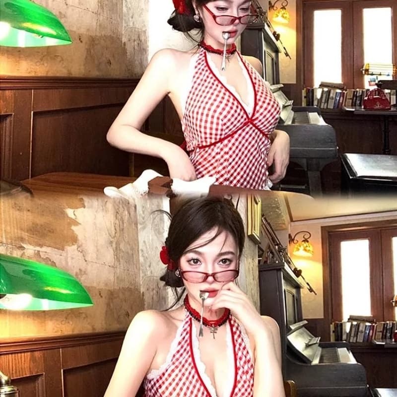 빨간색 체크무늬 조끼 슬립 패치워크 레이스 섹시함 행침 목 핫걸 맨위 이미지 4