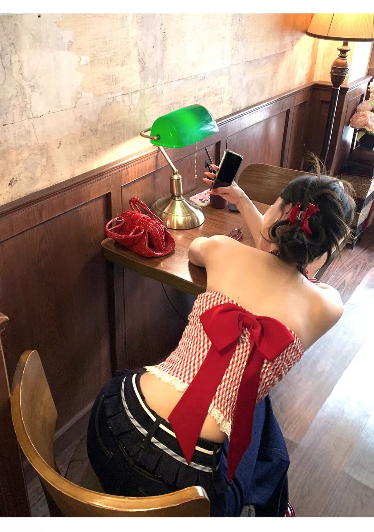 빨간색 체크무늬 조끼 슬립 패치워크 레이스 섹시함 행침 목 핫걸 맨위 상세 이미지 3