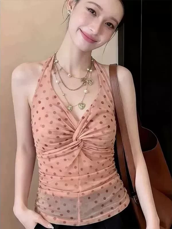 프랑스식 달콤한 스타일 도트 무늬 V넥 비틀림 캐미솔 여름 몸매 가꾸기 슬림해 보이는 고유 한 Chic 민소매 맨위 이미지 2