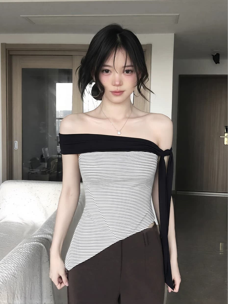 40 순면 배색 리본 오프숄더 스트라이프 티셔츠 여성 여름 허리 수축 슬림해 보이는 스트랩 핫걸 민소매 맨위 상세 이미지 1