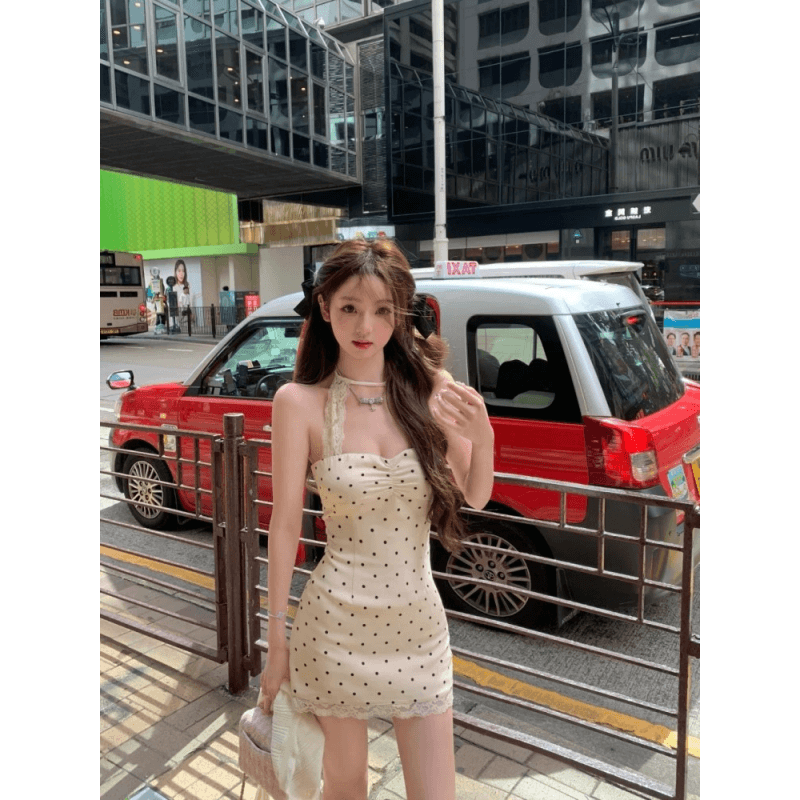 도트 무늬 레이스 조각 행침 목 여성 드레스 여름 순수한 욕망 고급 센스 핫걸 민소매 백리스 몸매 가꾸기 타이트 스커트 미니 스커트 이미지 3