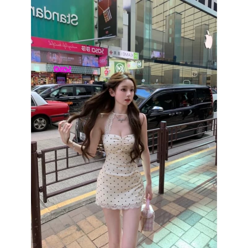 도트 무늬 레이스 조각 행침 목 여성 드레스 여름 순수한 욕망 고급 센스 핫걸 민소매 백리스 몸매 가꾸기 타이트 스커트 미니 스커트 이미지 2