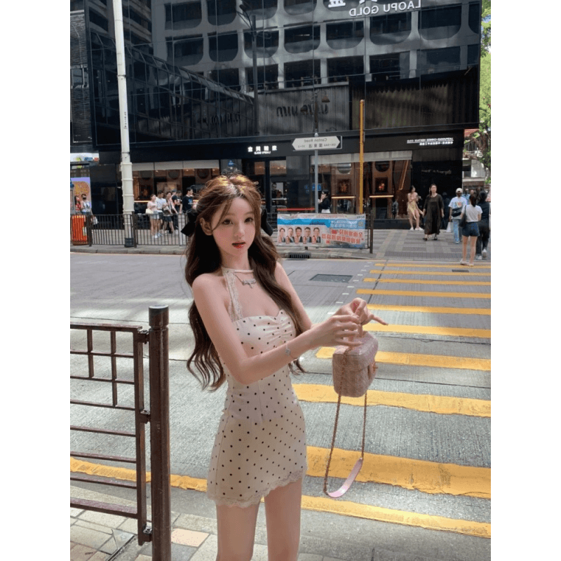 도트 무늬 레이스 조각 행침 목 여성 드레스 여름 순수한 욕망 고급 센스 핫걸 민소매 백리스 몸매 가꾸기 타이트 스커트 미니 스커트 이미지 5