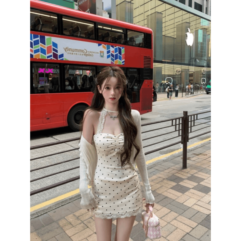 도트 무늬 레이스 조각 행침 목 여성 드레스 여름 순수한 욕망 고급 센스 핫걸 민소매 백리스 몸매 가꾸기 타이트 스커트 미니 스커트 이미지 4