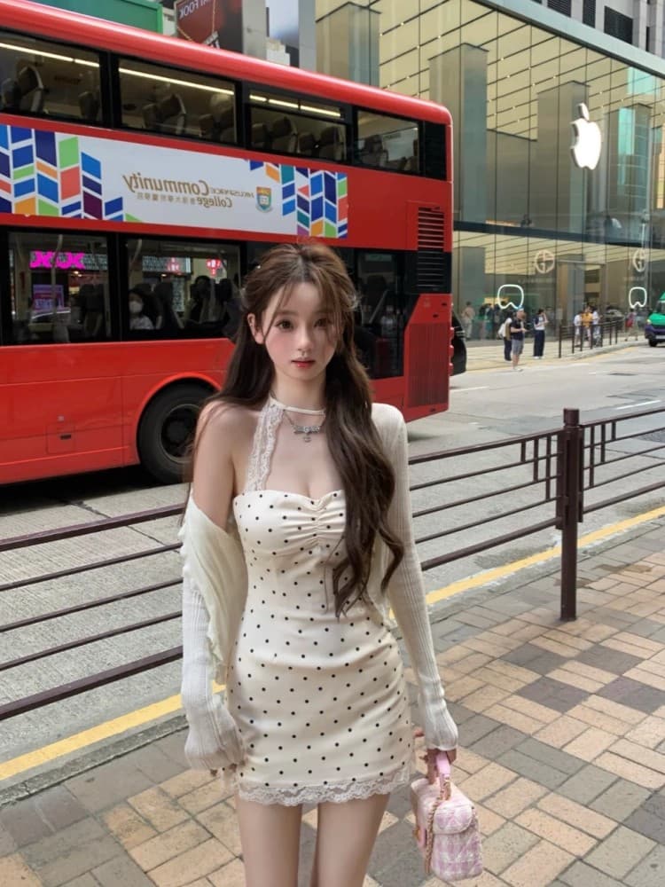 도트 무늬 레이스 조각 행침 목 여성 드레스 여름 순수한 욕망 고급 센스 핫걸 민소매 백리스 몸매 가꾸기 타이트 스커트 미니 스커트 상세 이미지 1
