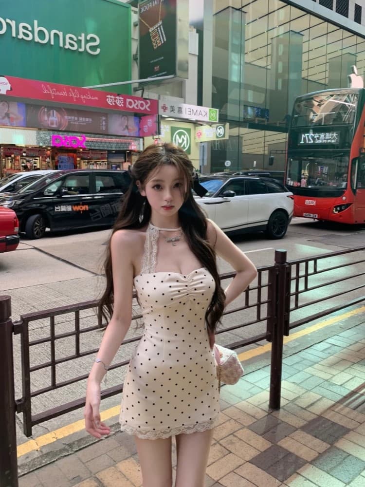 도트 무늬 레이스 조각 행침 목 여성 드레스 여름 순수한 욕망 고급 센스 핫걸 민소매 백리스 몸매 가꾸기 타이트 스커트 미니 스커트 상세 이미지 3