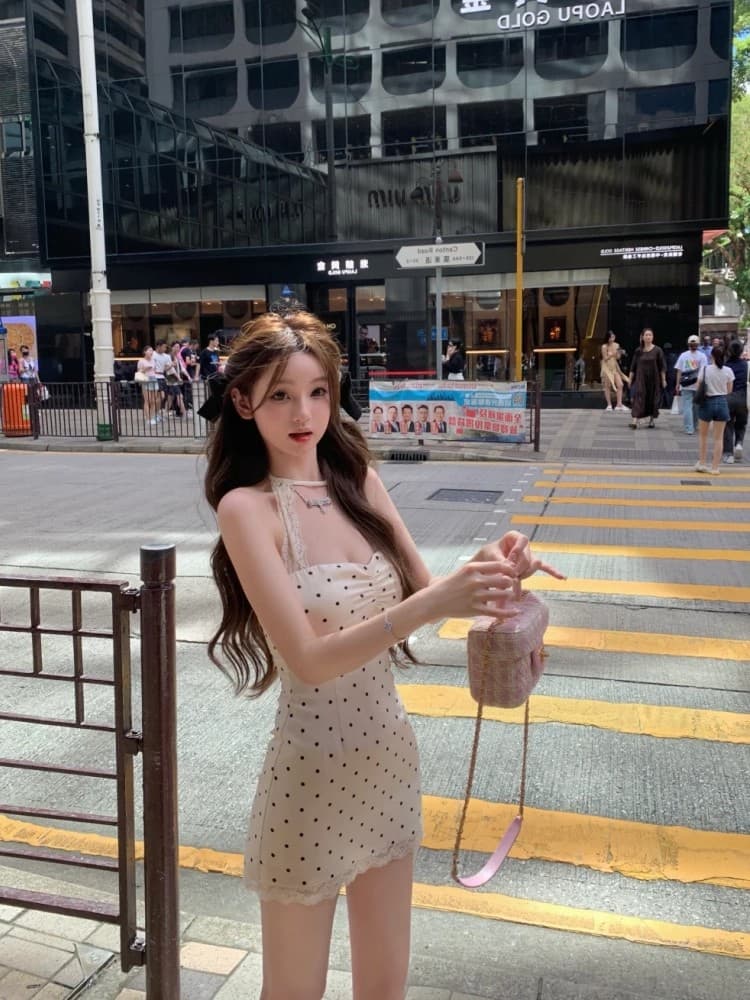 도트 무늬 레이스 조각 행침 목 여성 드레스 여름 순수한 욕망 고급 센스 핫걸 민소매 백리스 몸매 가꾸기 타이트 스커트 미니 스커트 상세 이미지 5