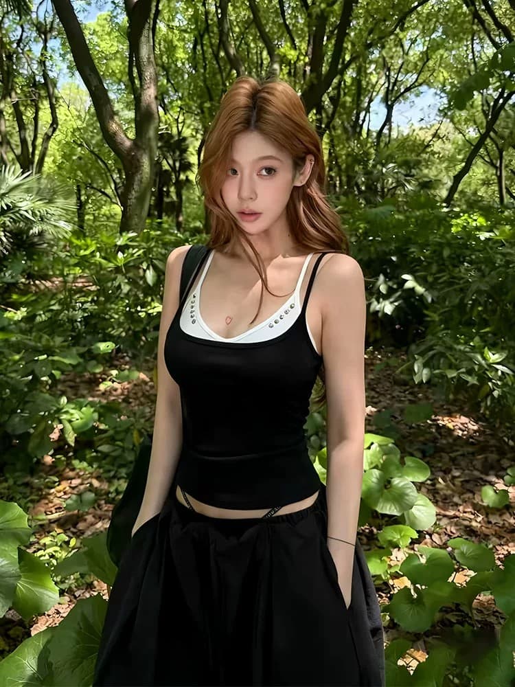 40 순면 아메리칸 핫걸 작은 대중 디자인 센스 징 배색 페이크 레이어드 캐미솔 민소매 맨위 상세 이미지 1