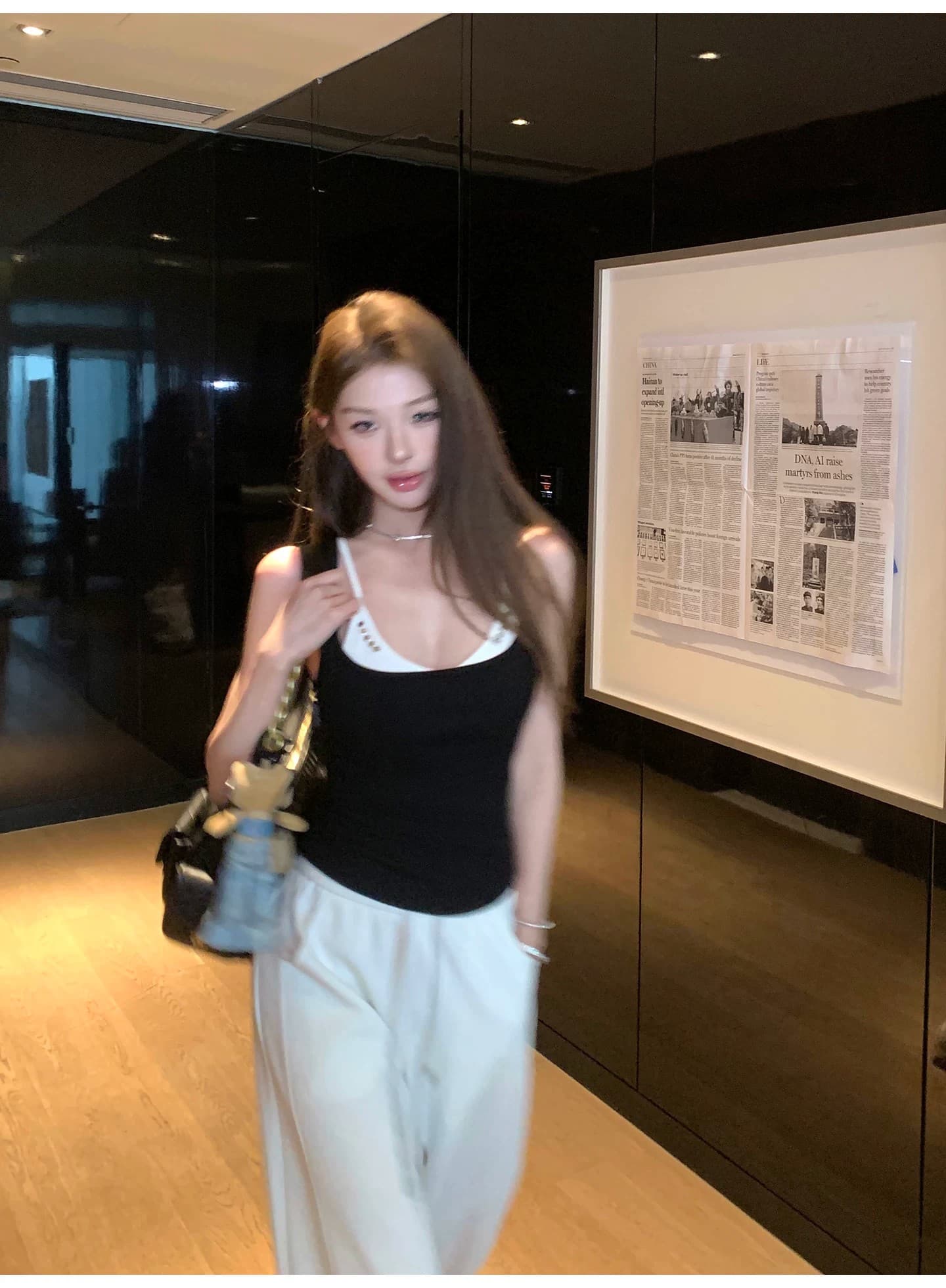 40 순면 아메리칸 핫걸 작은 대중 디자인 센스 징 배색 페이크 레이어드 캐미솔 민소매 맨위 상세 이미지 11