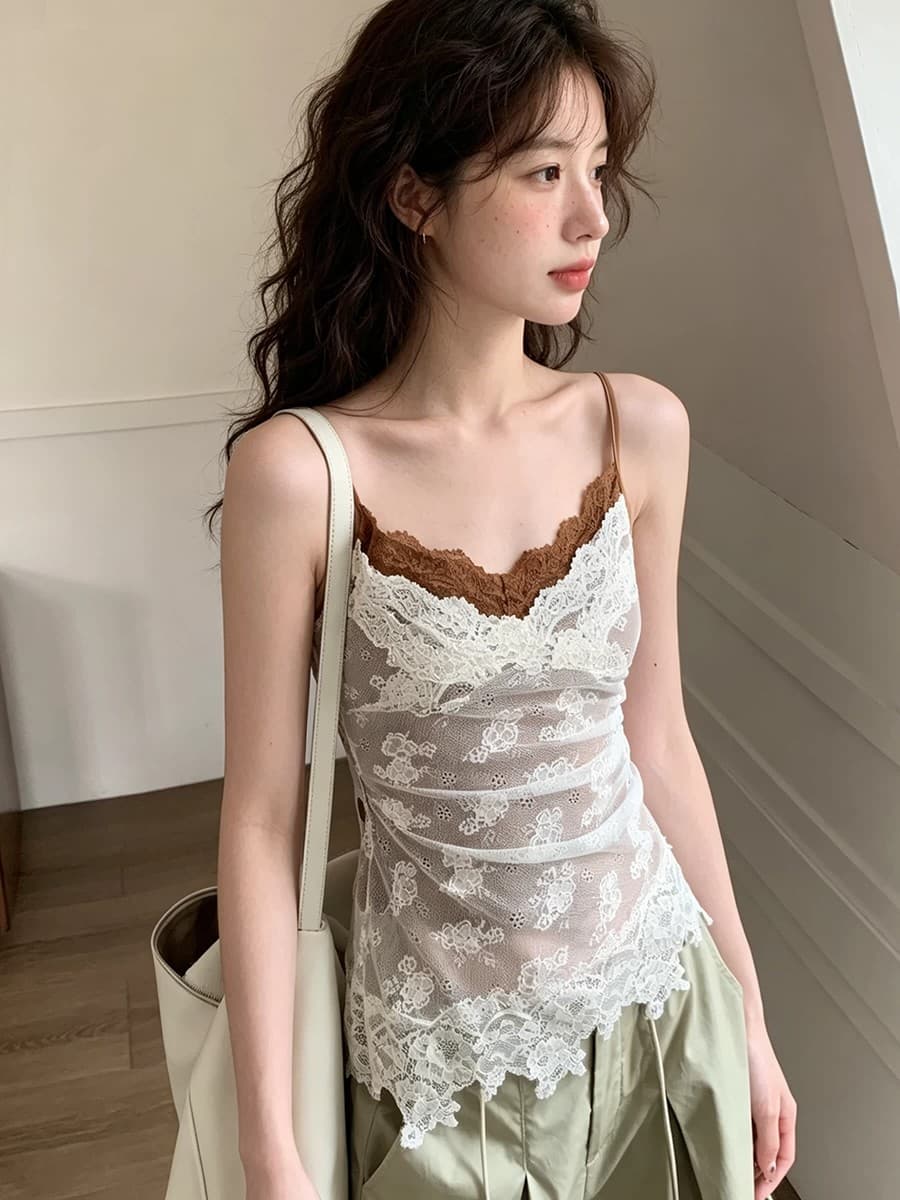 순수한 욕망 바람 배색 캐미솔 여름 레이스 조각 섹시함 페이크 레이어드 맨위 상세 이미지 3