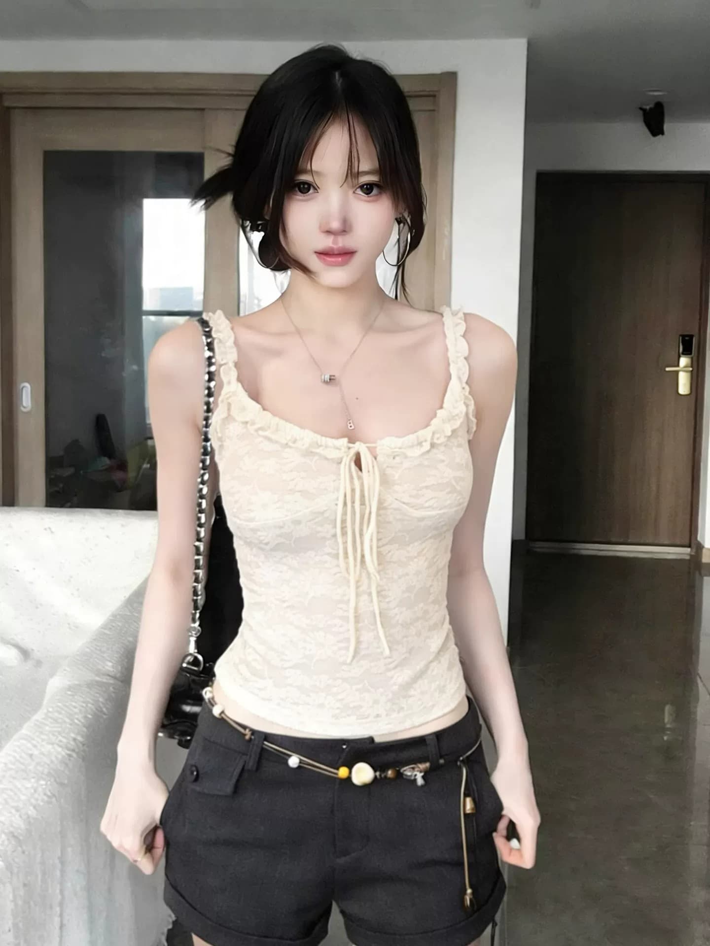 레이스 안감 레이스 프릴 캐미솔 핫걸 순수한 욕망 바람 여름 작은 대중 몸매 가꾸기 슬림해 보이는 맨위 상세 이미지 3
