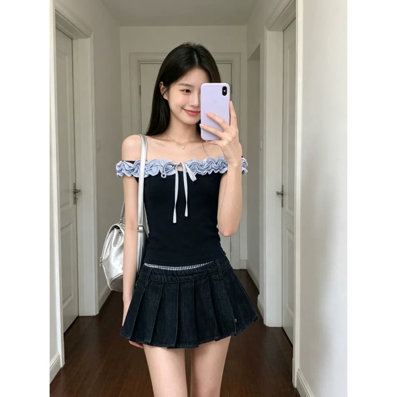 아메리칸 레트로 배색 프릴 레이스업 반팔 티셔츠 여성 여름 작은 키 허리 수축 핫걸 오프숄더 짧은 맨위 이미지 3