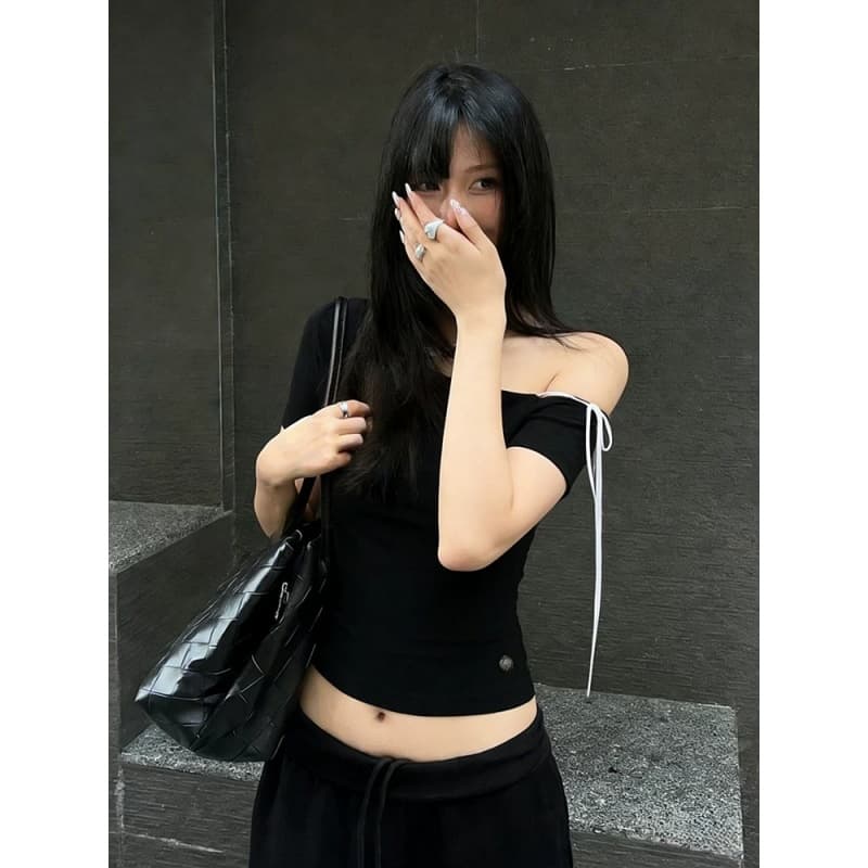 40 순면 아메리칸 핫걸 비스듬한 어깨 반팔 티셔츠 여성 여름 섹시함 스트랩 허리 수축 슬림해 보이는 오프숄더 쇼트 스타일 맨위 이미지 5