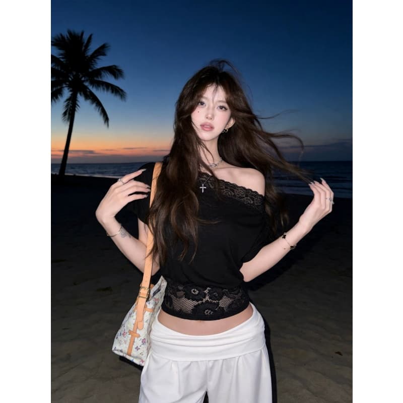 260 그램 사람들 면 순수한 욕망 바람 레이스 조각 비스듬한 어깨 허리 수축 반팔 티셔츠 맨위 여성 여름 새로운 허리 수축 슬림해 보이는 이미지 3