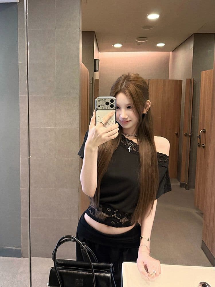 260 그램 사람들 면 순수한 욕망 바람 레이스 조각 비스듬한 어깨 허리 수축 반팔 티셔츠 맨위 여성 여름 새로운 허리 수축 슬림해 보이는 상세 이미지 3