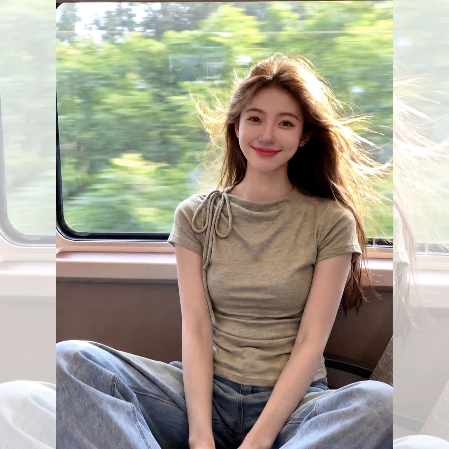 아메리칸 레트로 스트랩 비스듬한 어깨 반팔 티셔츠 여성 여름 모달 이끼 녹색 몸매 가꾸기 슬림해 보이는 허리 수축 작은 맨위 이미지 3