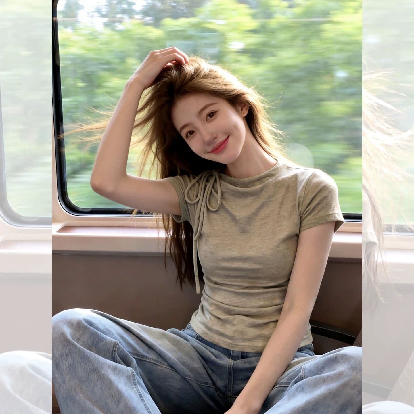 아메리칸 레트로 스트랩 비스듬한 어깨 반팔 티셔츠 여성 여름 모달 이끼 녹색 몸매 가꾸기 슬림해 보이는 허리 수축 작은 맨위 이미지 4