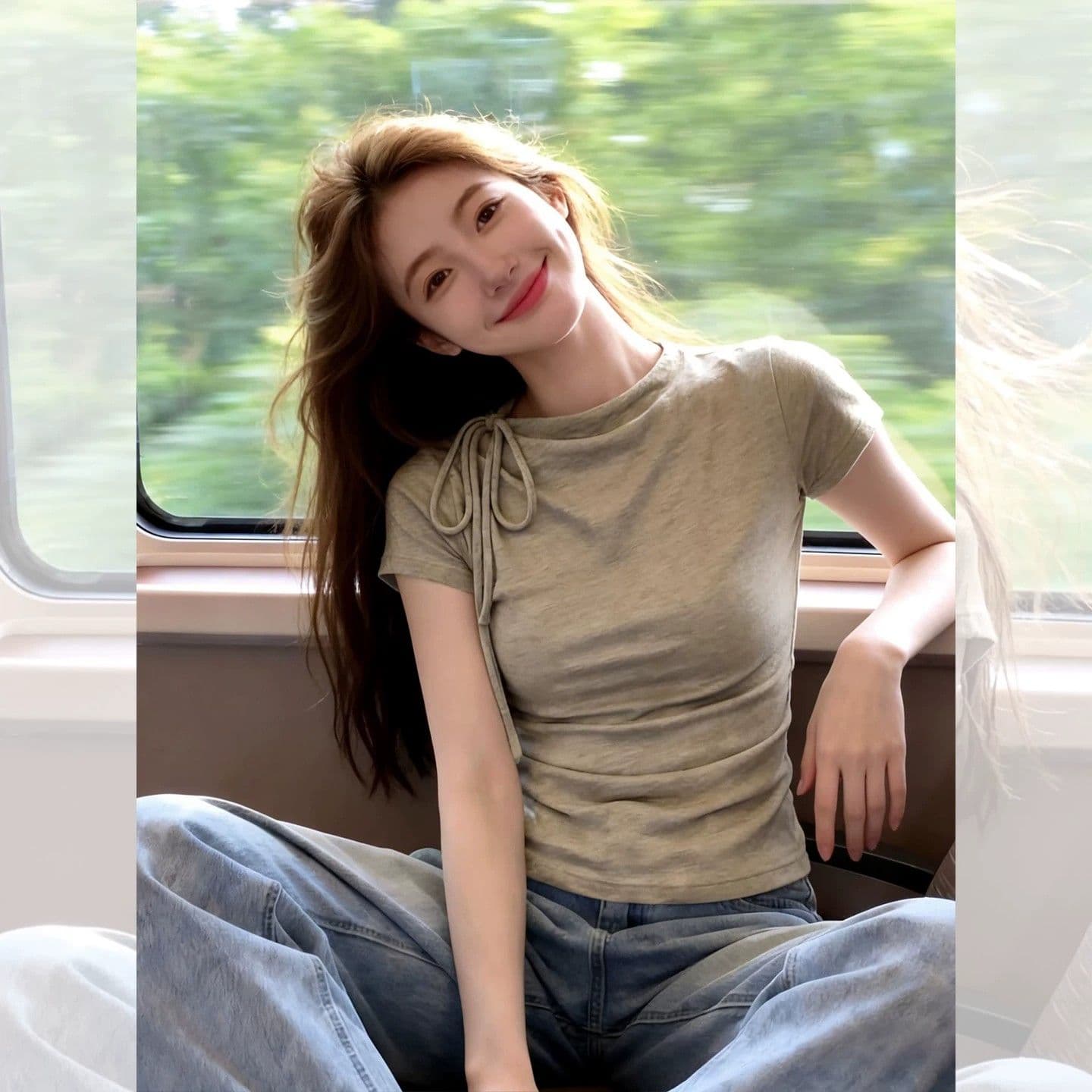 아메리칸 레트로 스트랩 비스듬한 어깨 반팔 티셔츠 여성 여름 모달 이끼 녹색 몸매 가꾸기 슬림해 보이는 허리 수축 작은 맨위