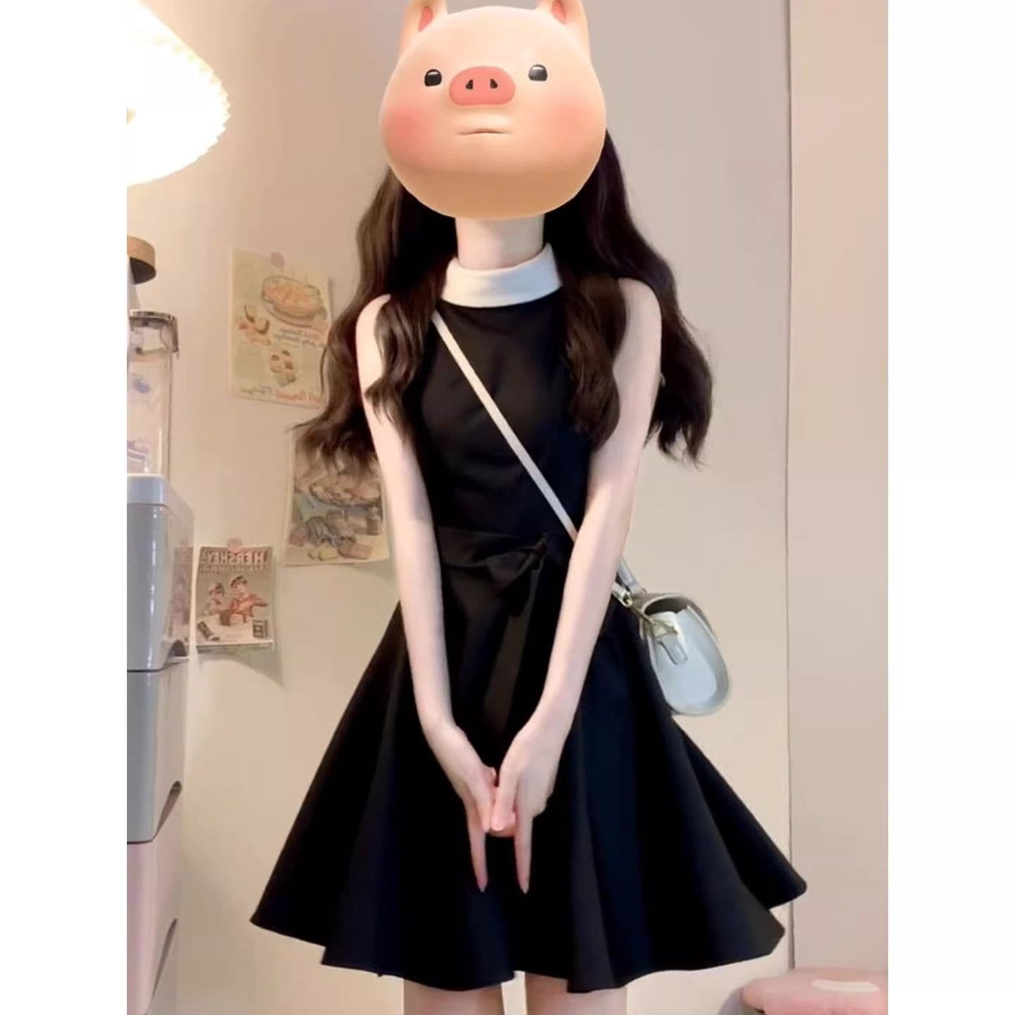 있음 안감 그는 벤 바람 민소매 검정색 여성 드레스 허리 수축 A라인 스커트 천 골드 고급 센스 치마 여름 새로운 상세 이미지 3