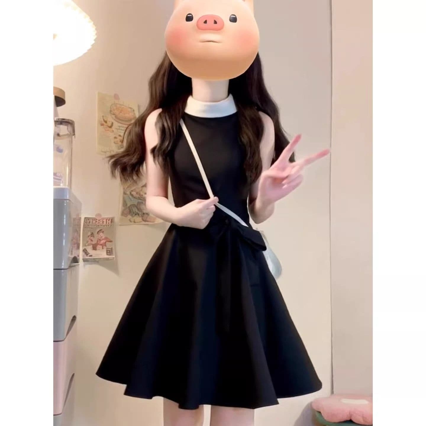 있음 안감 그는 벤 바람 민소매 검정색 여성 드레스 허리 수축 A라인 스커트 천 골드 고급 센스 치마 여름 새로운 상세 이미지 5