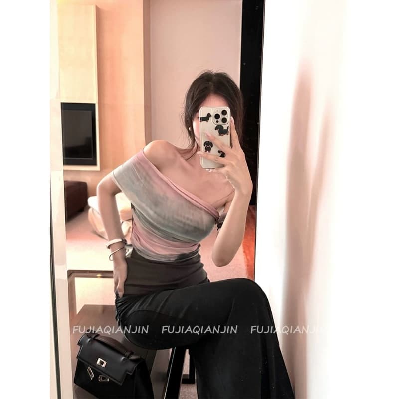 예술 헤일로 염색 그라데이션 망사 작은 대중 디자인 센스 섹시함 품격 다용도 패치워크 고유 한 아름다운 오프숄더 티셔츠 이미지 4