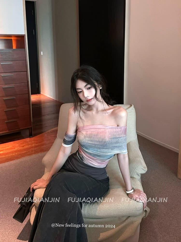 예술 헤일로 염색 그라데이션 망사 작은 대중 디자인 센스 섹시함 품격 다용도 패치워크 고유 한 아름다운 오프숄더 티셔츠 상세 이미지 4