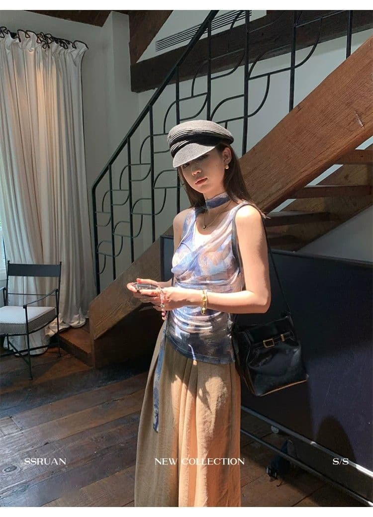 블루 색 후광 염색 프린트 V넥 리본 조끼 여성 민소매 허리 수축 아름다운 슬립 자이언트 잘 생긴 Chic 맨위 여름 상세 이미지 3