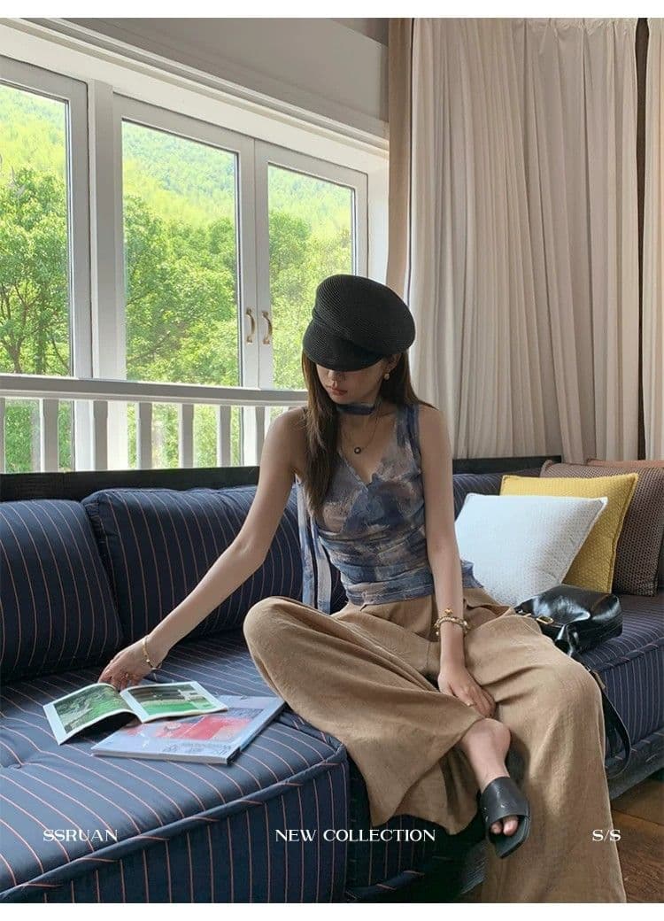 블루 색 후광 염색 프린트 V넥 리본 조끼 여성 민소매 허리 수축 아름다운 슬립 자이언트 잘 생긴 Chic 맨위 여름 상세 이미지 5