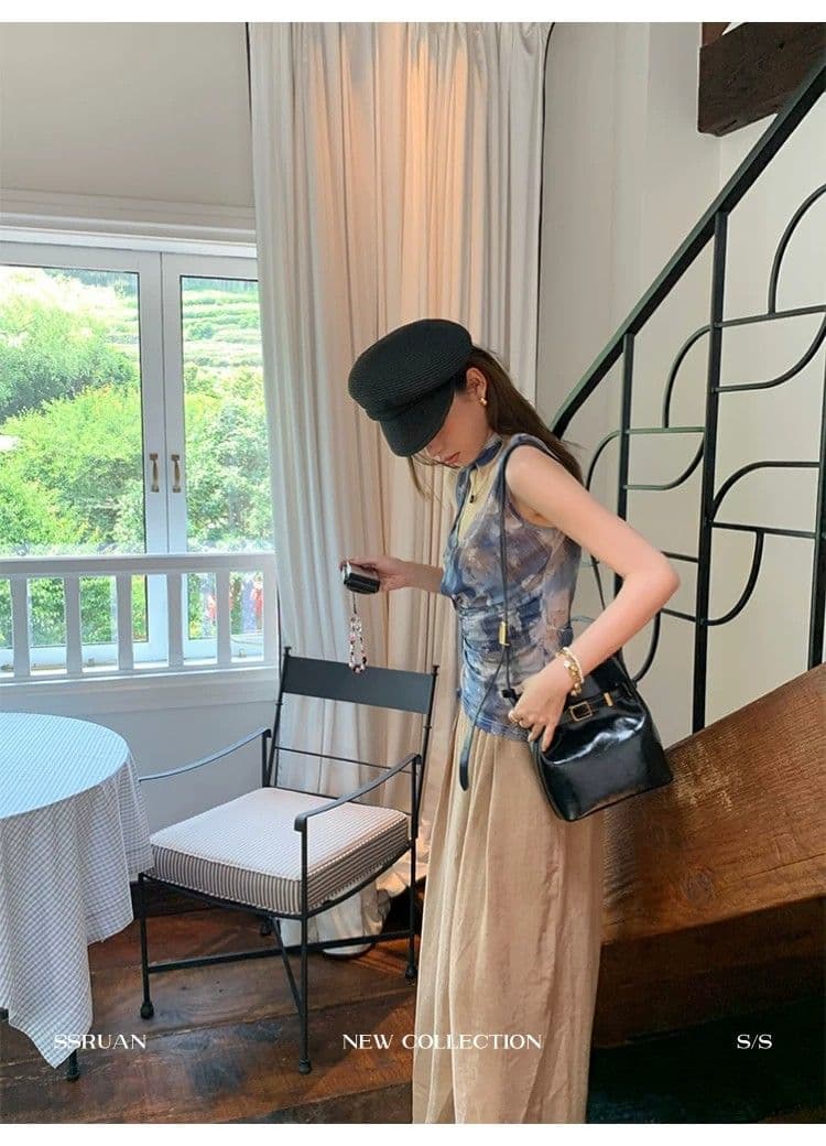 블루 색 후광 염색 프린트 V넥 리본 조끼 여성 민소매 허리 수축 아름다운 슬립 자이언트 잘 생긴 Chic 맨위 여름 상세 이미지 8