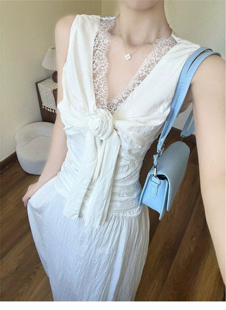 프랑스식 순수한 욕망 바람 V넥 화이트 민소매 드레스 아이들 여름 디자인 센스 몸매 가꾸기 슬림해 보이는 품격 한 마디 롱 스커트 상세 이미지 2