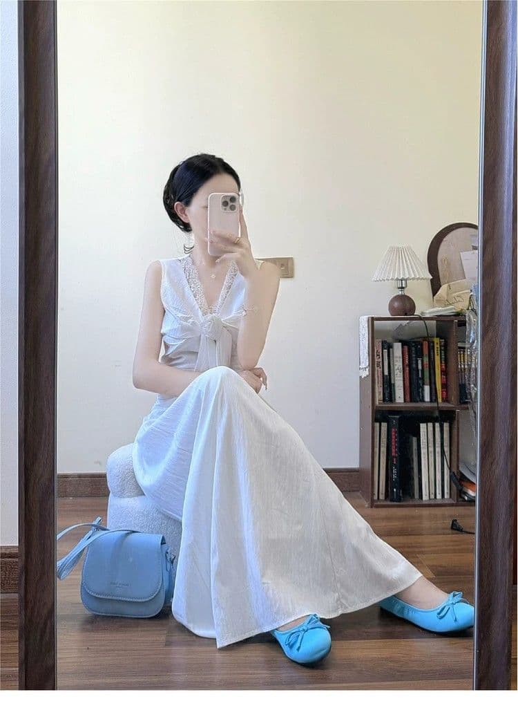 프랑스식 순수한 욕망 바람 V넥 화이트 민소매 드레스 아이들 여름 디자인 센스 몸매 가꾸기 슬림해 보이는 품격 한 마디 롱 스커트 상세 이미지 3