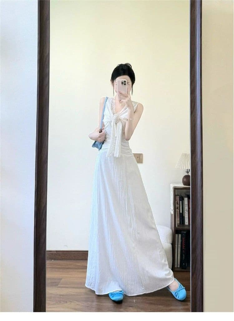 프랑스식 순수한 욕망 바람 V넥 화이트 민소매 드레스 아이들 여름 디자인 센스 몸매 가꾸기 슬림해 보이는 품격 한 마디 롱 스커트 상세 이미지 5