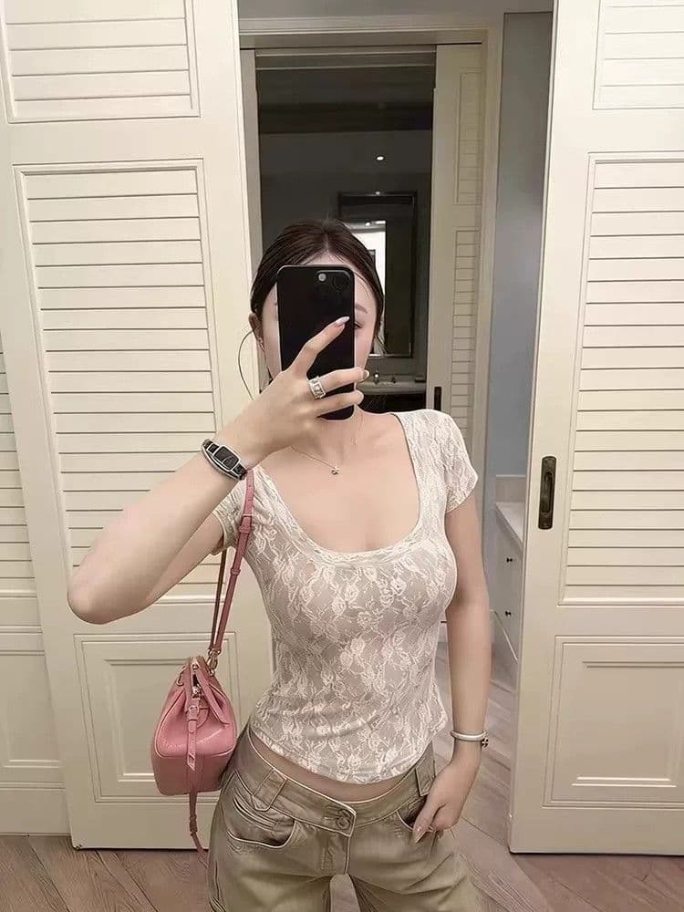 레이스 안감 화이트 레이스 꽃무늬 u 칼라 반팔 티셔츠 여성 여름 디자인 센스 순수한 욕망 핫걸 몸매 가꾸기 맨위 상세 이미지 7