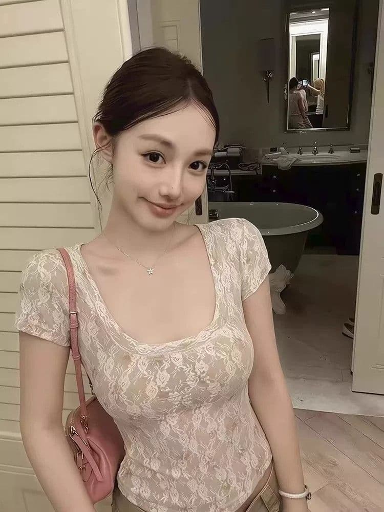 레이스 안감 화이트 레이스 꽃무늬 u 칼라 반팔 티셔츠 여성 여름 디자인 센스 순수한 욕망 핫걸 몸매 가꾸기 맨위 상세 이미지 8