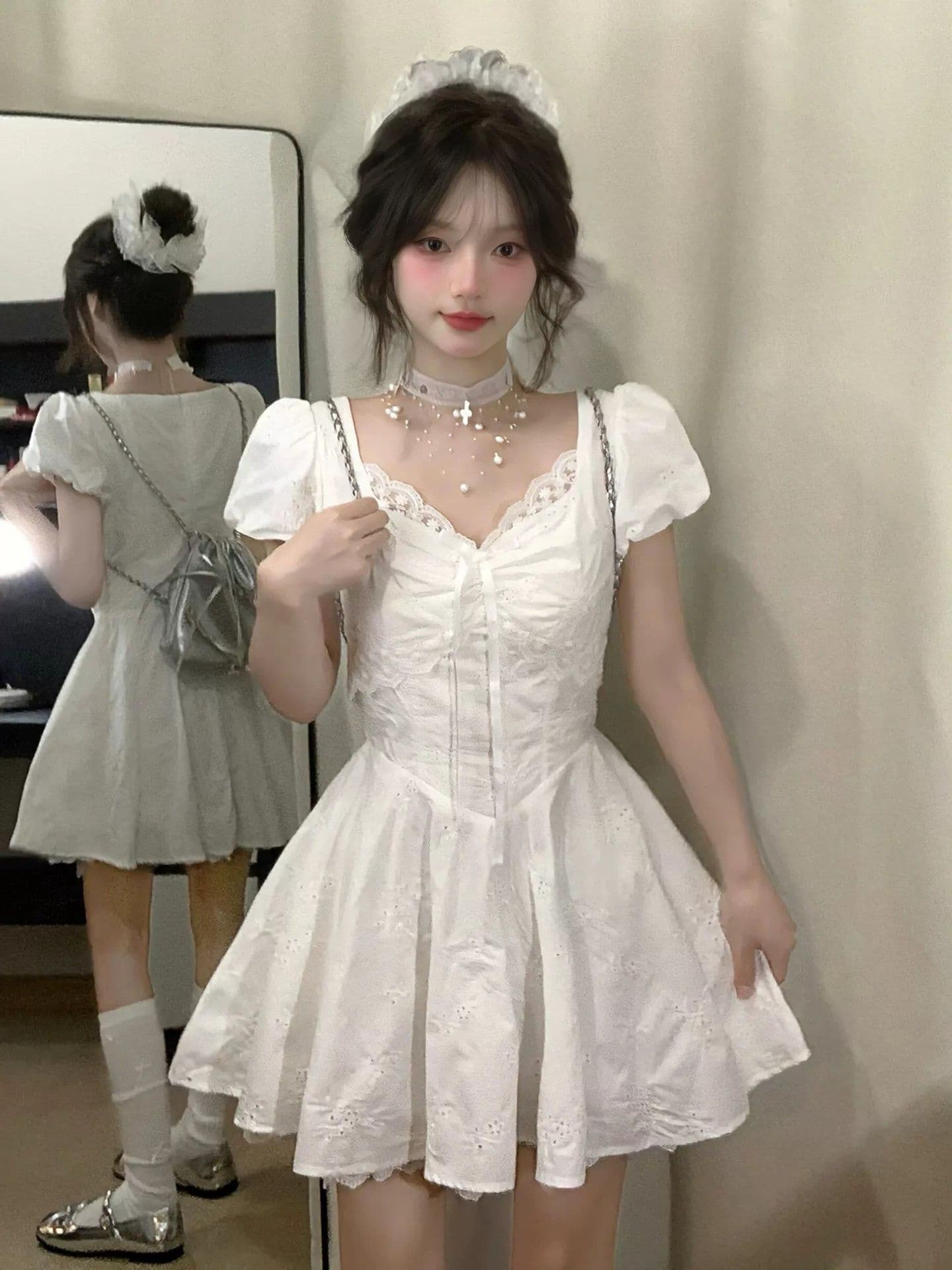 있음 안감 프랑스식 달콤함 화이트 V넥 여성 드레스 여름 거품 소매 샤오 바이 치마 상세 이미지 1