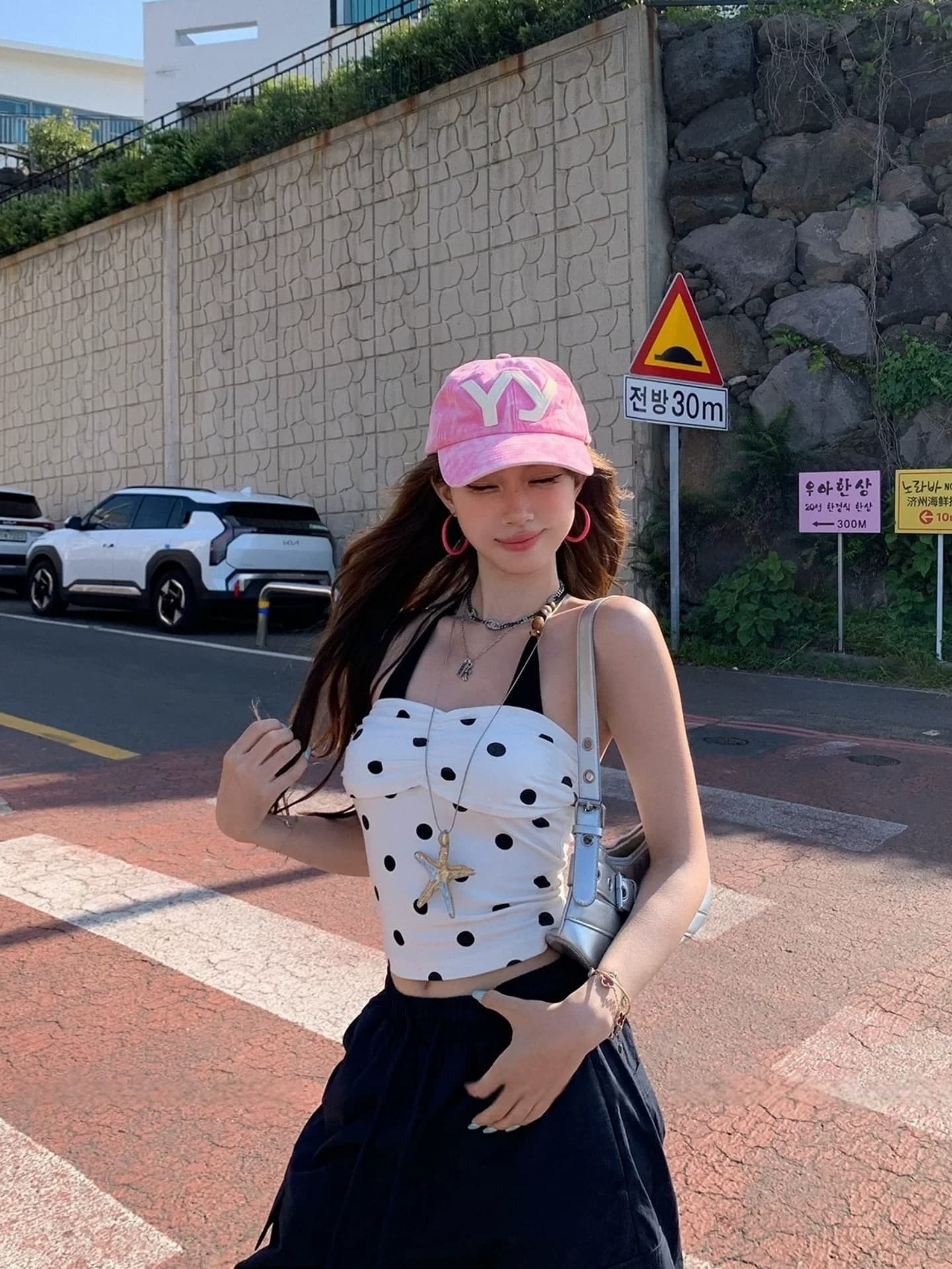 한 부서 달콤한 매운맛 3 차원 펌프 Pleat 행침 목 도트 무늬 슬립 여름 페이크 레이어드 몸매 가꾸기 슬림해 보이는 배색 소녀 바람 맨위 이미지 4