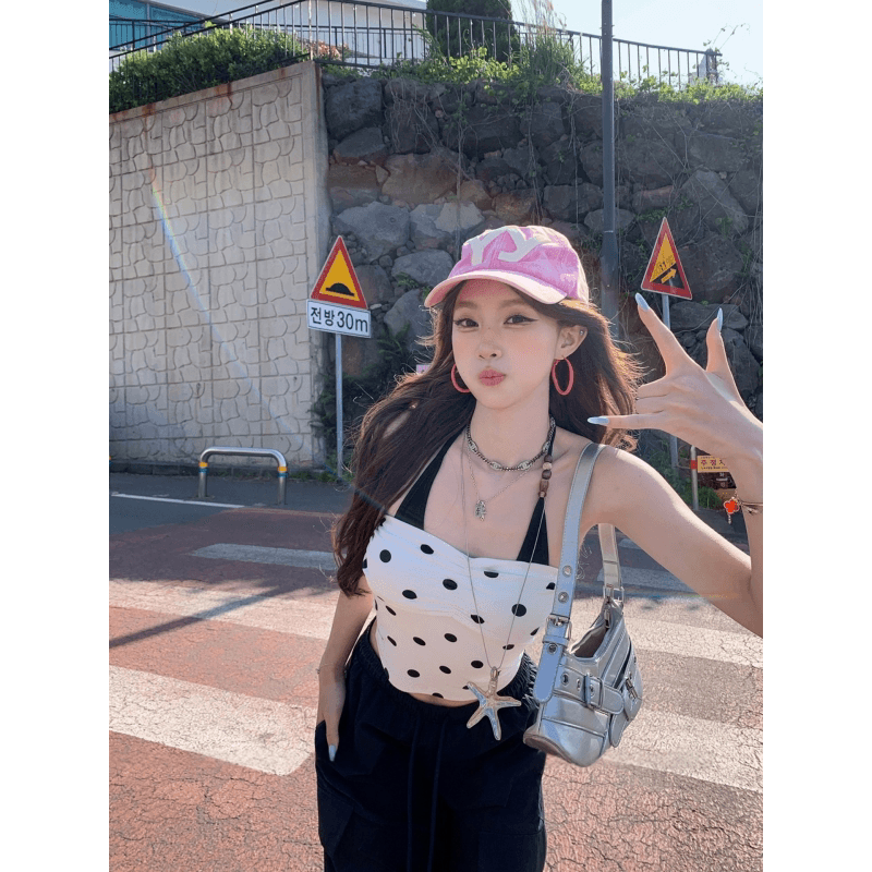 한 부서 달콤한 매운맛 3 차원 펌프 Pleat 행침 목 도트 무늬 슬립 여름 페이크 레이어드 몸매 가꾸기 슬림해 보이는 배색 소녀 바람 맨위 상세 이미지 1