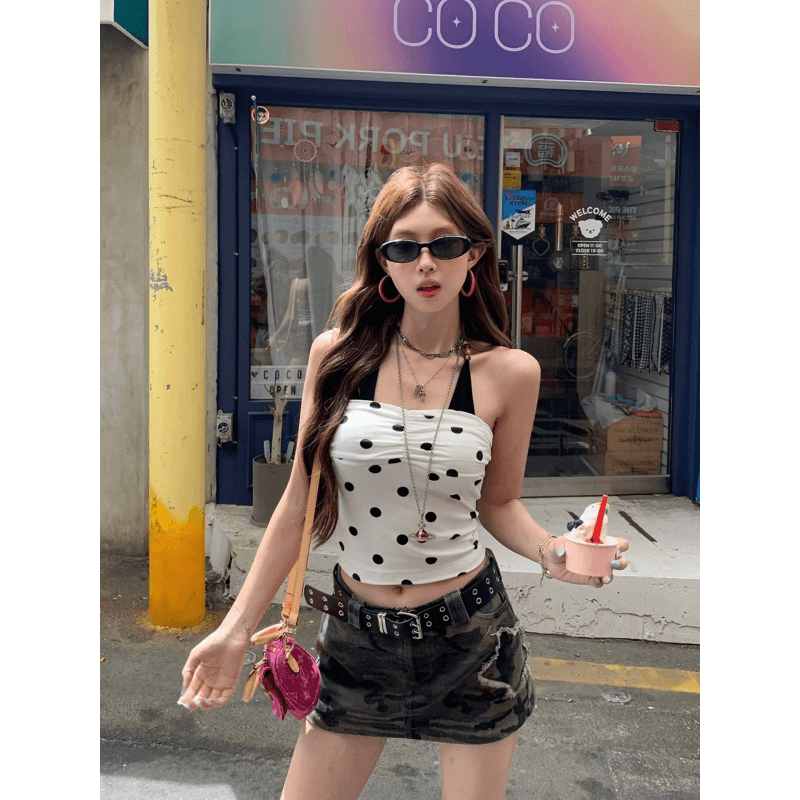 한 부서 달콤한 매운맛 3 차원 펌프 Pleat 행침 목 도트 무늬 슬립 여름 페이크 레이어드 몸매 가꾸기 슬림해 보이는 배색 소녀 바람 맨위 이미지 5