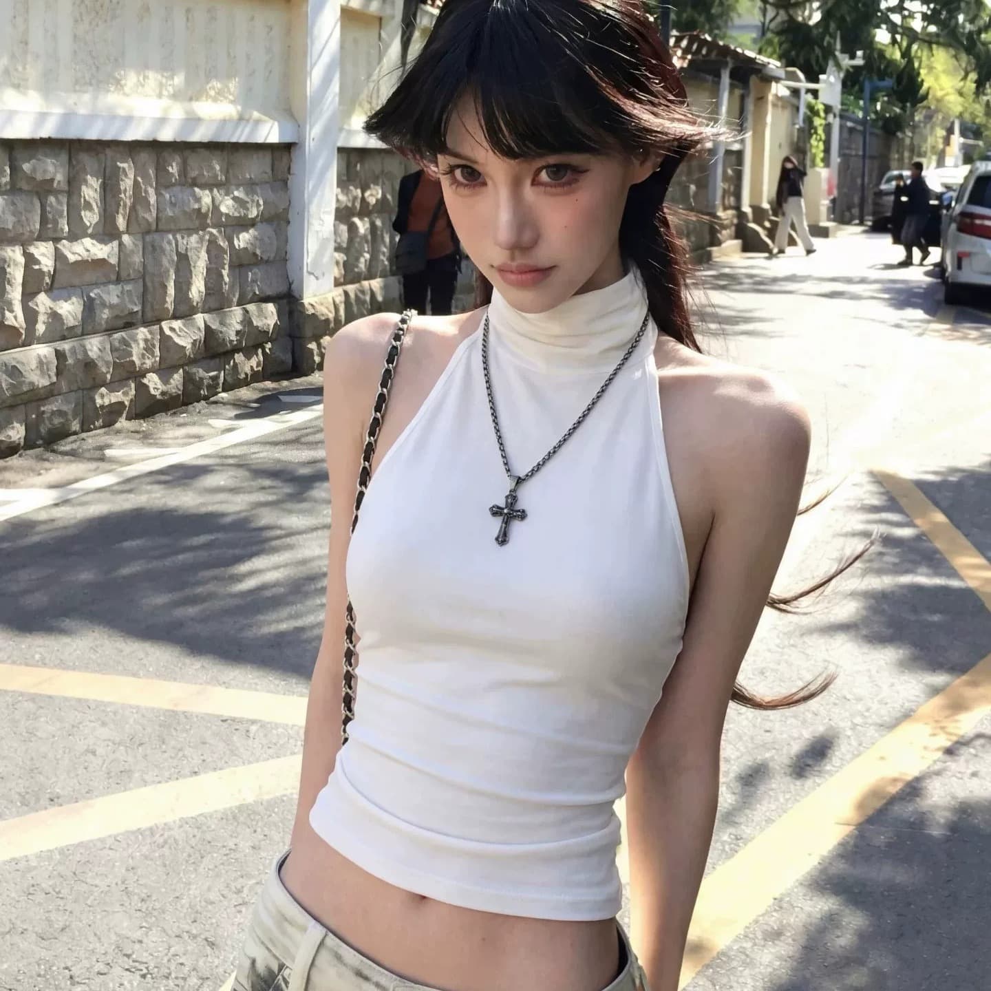 레이스 백리스 터틀넥 민소매 조끼 여성 여름 순수한 욕망 핫걸 주름 몸매 가꾸기 슬림해 보이는 맨위 이미지 5