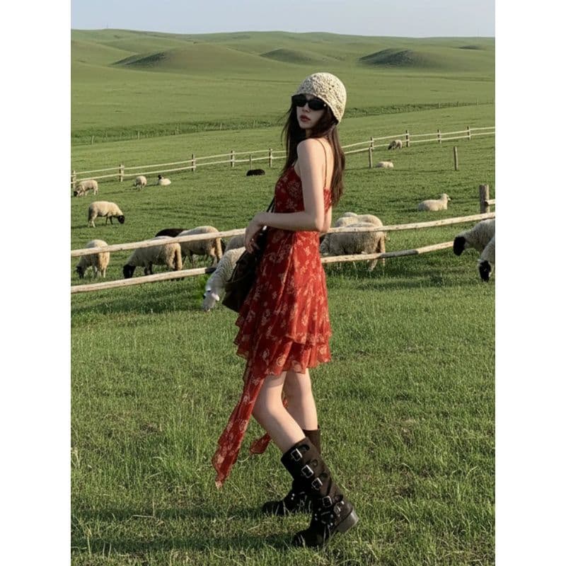 쉬폰 프린트 프랑스식 레트로 빨간색 슬립 여성 드레스 여름 허리 수축 슬림해 보이는 불규칙 프릴 미니 스커트 이미지 3