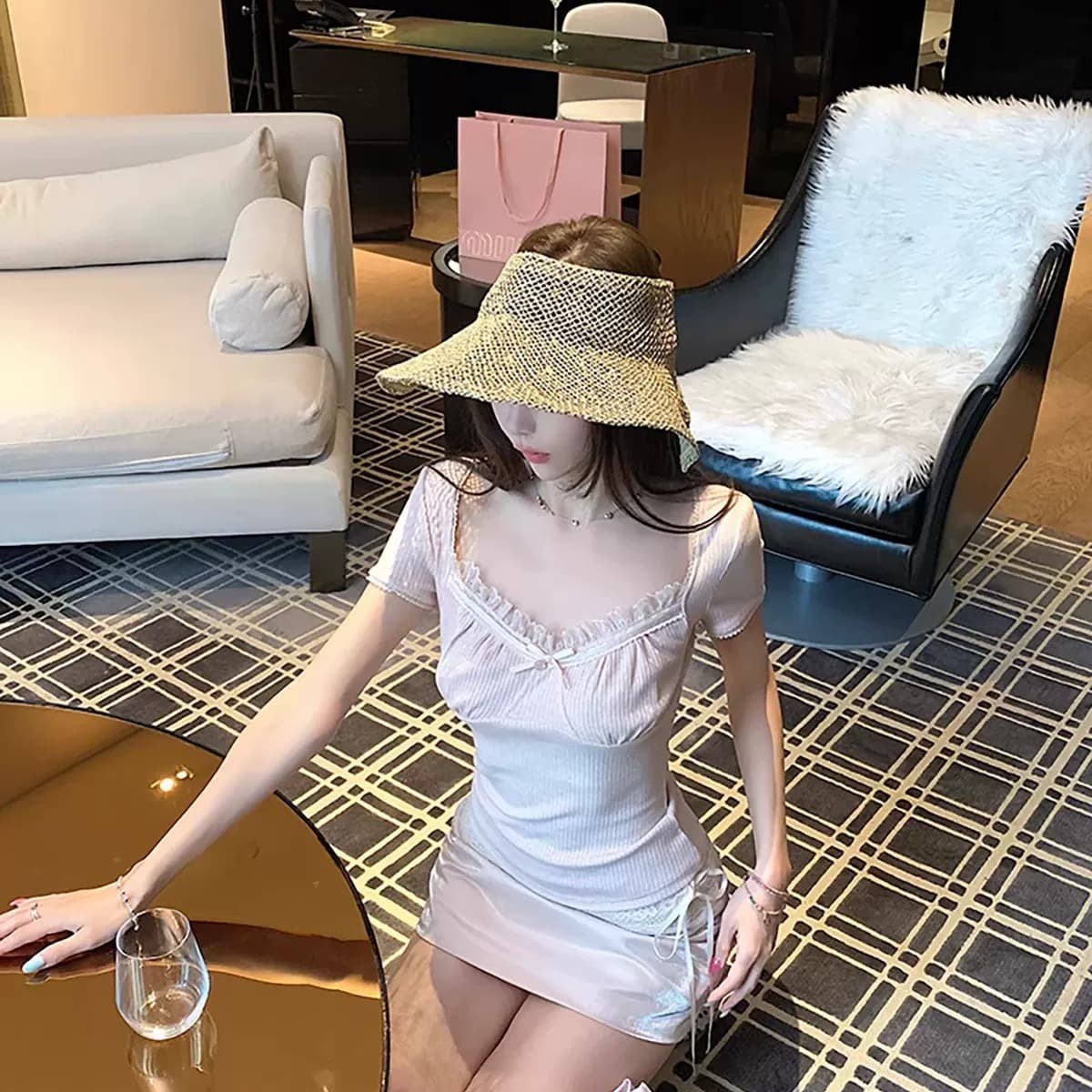 한 부서 부드러운 레이스 조각 리브 순수한 욕망 바람 핑크색 레이스 반팔 티셔츠 여성 의류 여름 이미지 5