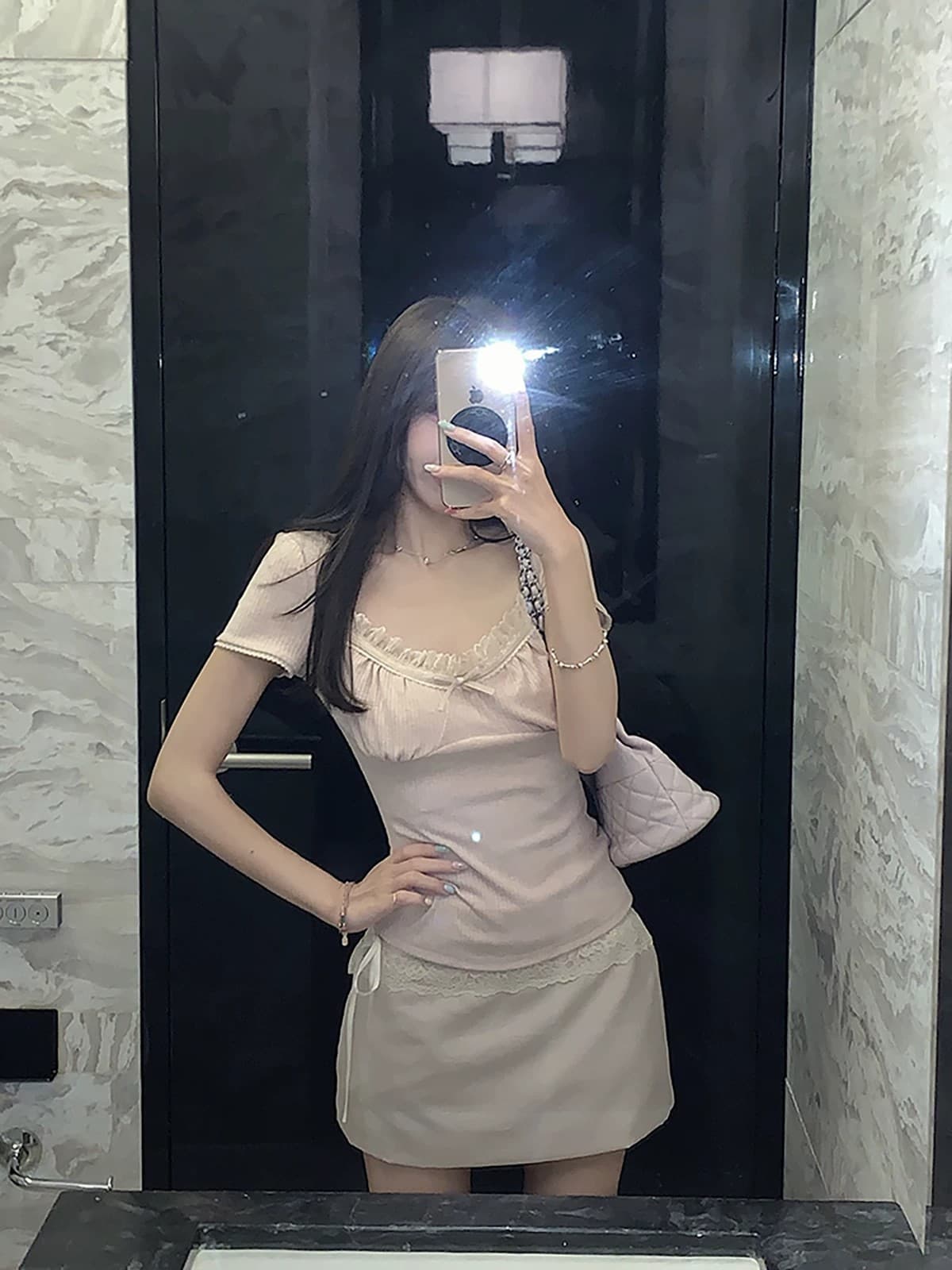 한 부서 부드러운 레이스 조각 리브 순수한 욕망 바람 핑크색 레이스 반팔 티셔츠 여성 의류 여름 상세 이미지 16