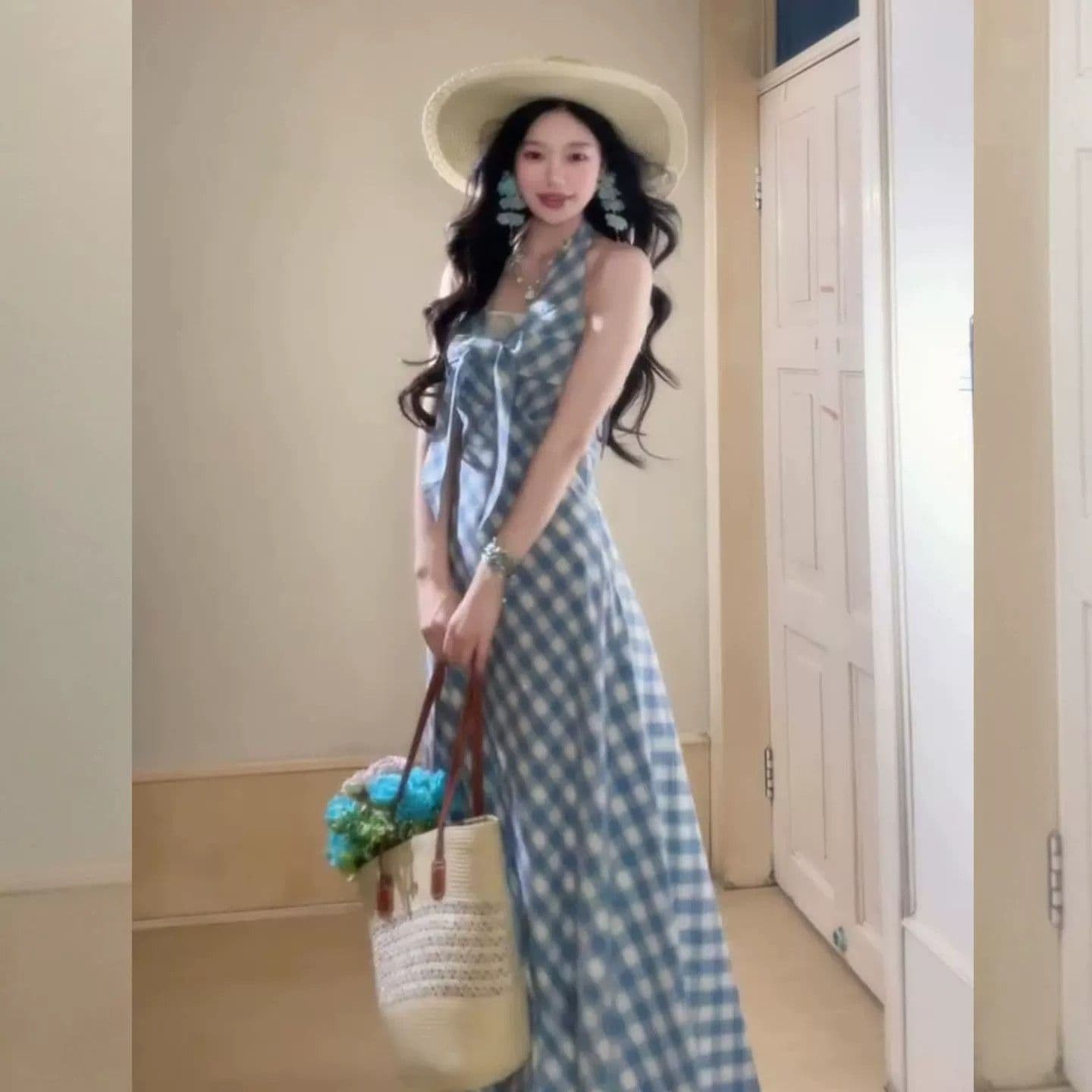 있음 안감 여름 파란색 체크무늬 행침 목 여성 드레스 해변가 휴가 바람 허리 수축 나비 매듭 민소매 롱 스커트 상세 이미지 4