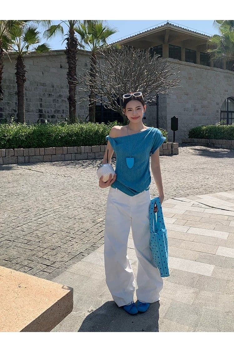 원본 원단 것 레이크 블루 색상 비스듬한 어깨 반팔 티셔츠 여성 2026 여름 한 부서 디자인 센스 루즈핏 오프숄더 상세 이미지 6