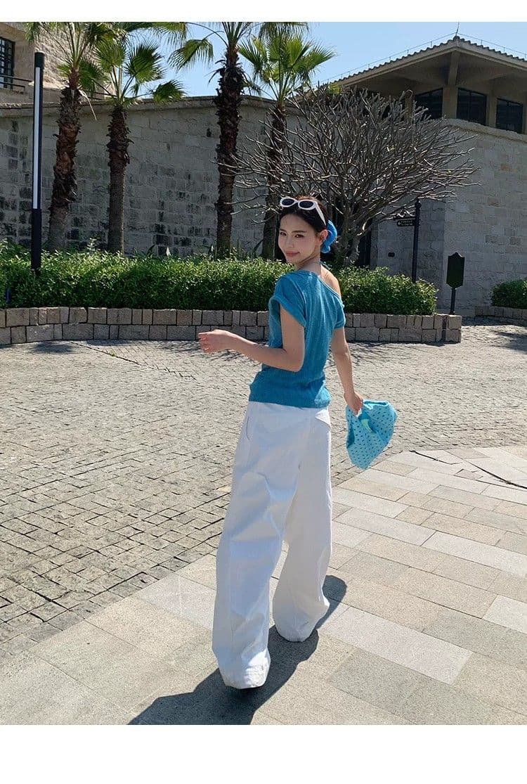 원본 원단 것 레이크 블루 색상 비스듬한 어깨 반팔 티셔츠 여성 2026 여름 한 부서 디자인 센스 루즈핏 오프숄더 상세 이미지 20
