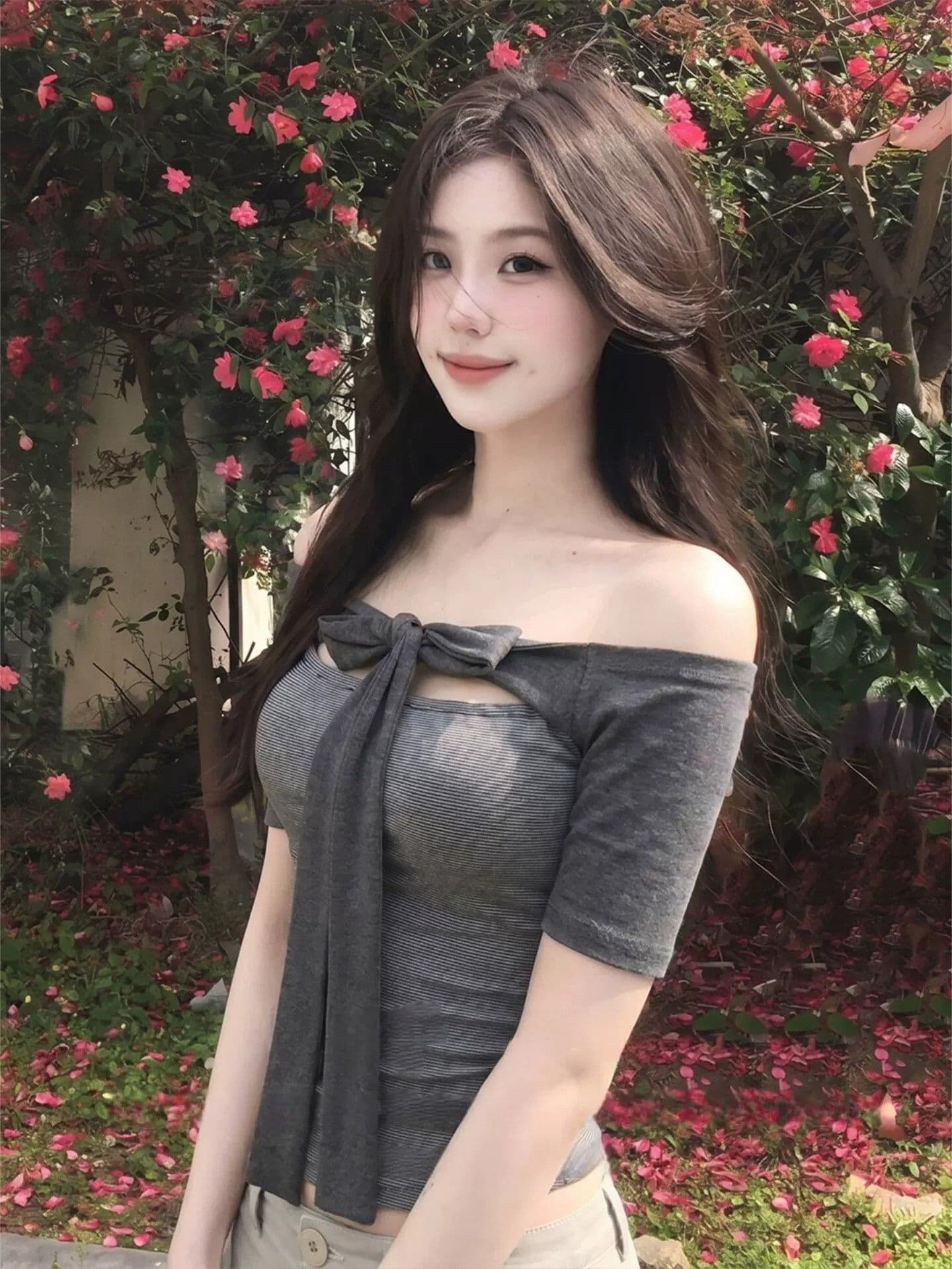사람들 면 면 컬러 짜임 기사 회색 오프숄더 중간 소매 티셔츠 여성 여름 스트랩 몸매 가꾸기 디자인 센스 오프숄더 맨위 상세 이미지 1