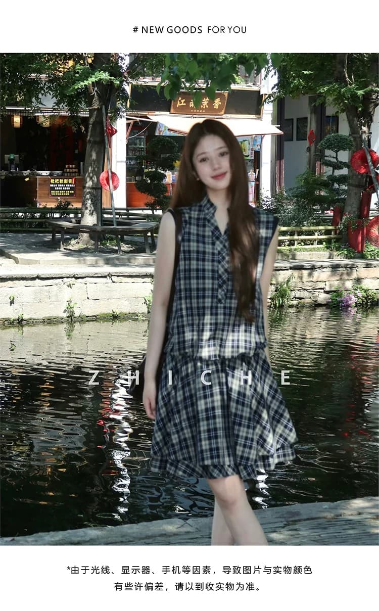 레트로 체크무늬 여성 드레스 여름 작은 키 고유 한 아름다운 루즈핏 품격 미니 스커트 상세 이미지 4