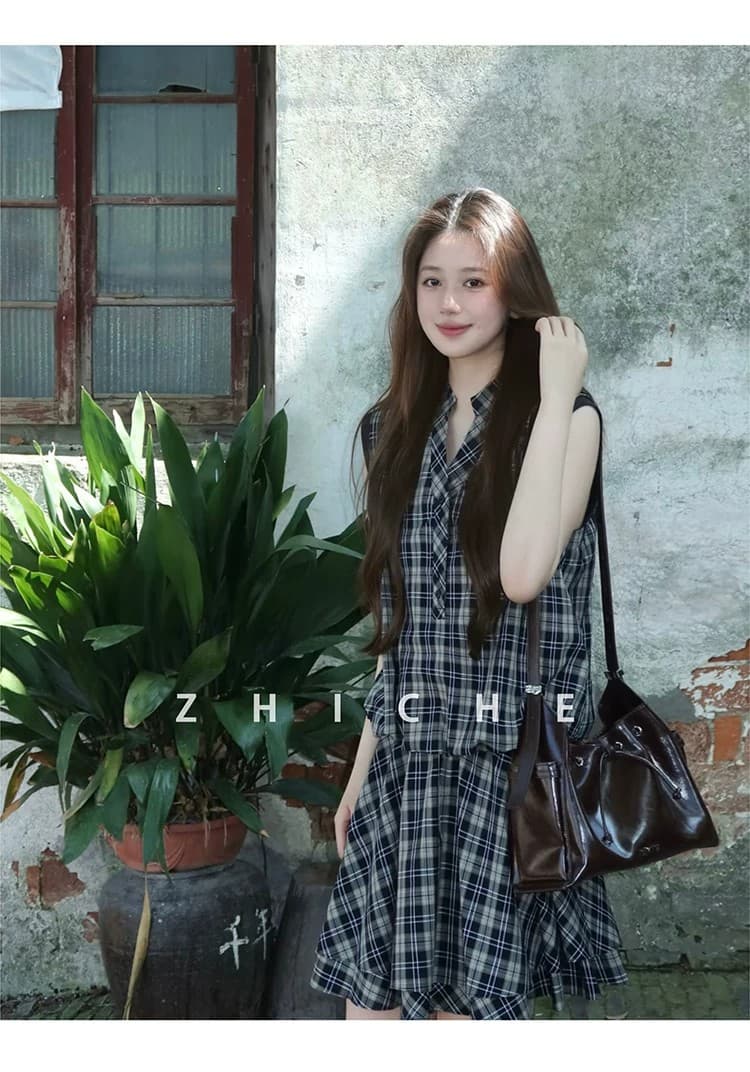 레트로 체크무늬 여성 드레스 여름 작은 키 고유 한 아름다운 루즈핏 품격 미니 스커트 상세 이미지 6