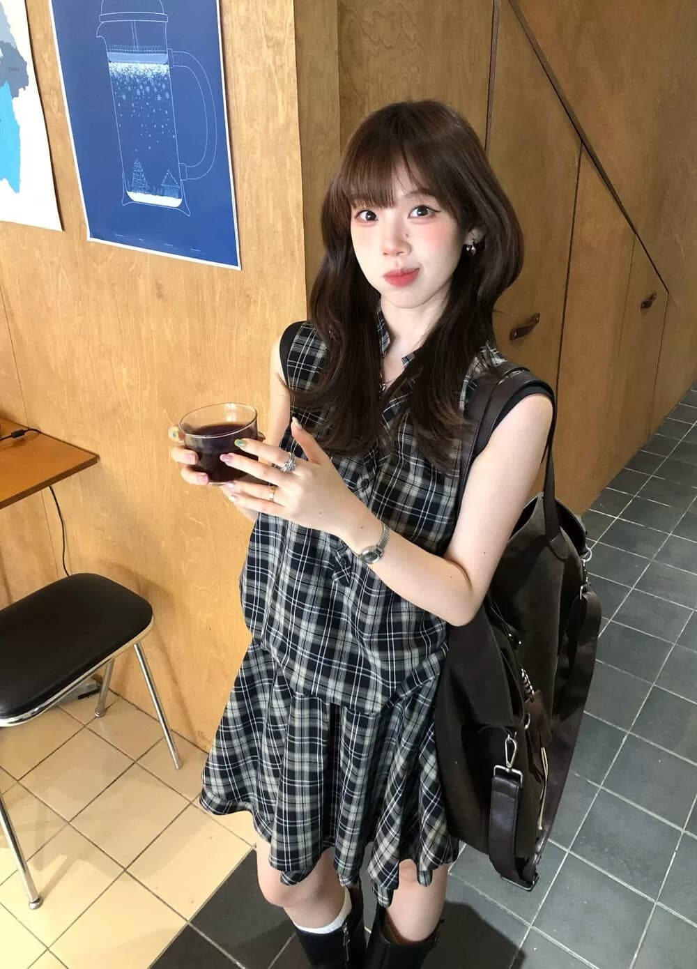 레트로 체크무늬 여성 드레스 여름 작은 키 고유 한 아름다운 루즈핏 품격 미니 스커트 상세 이미지 2