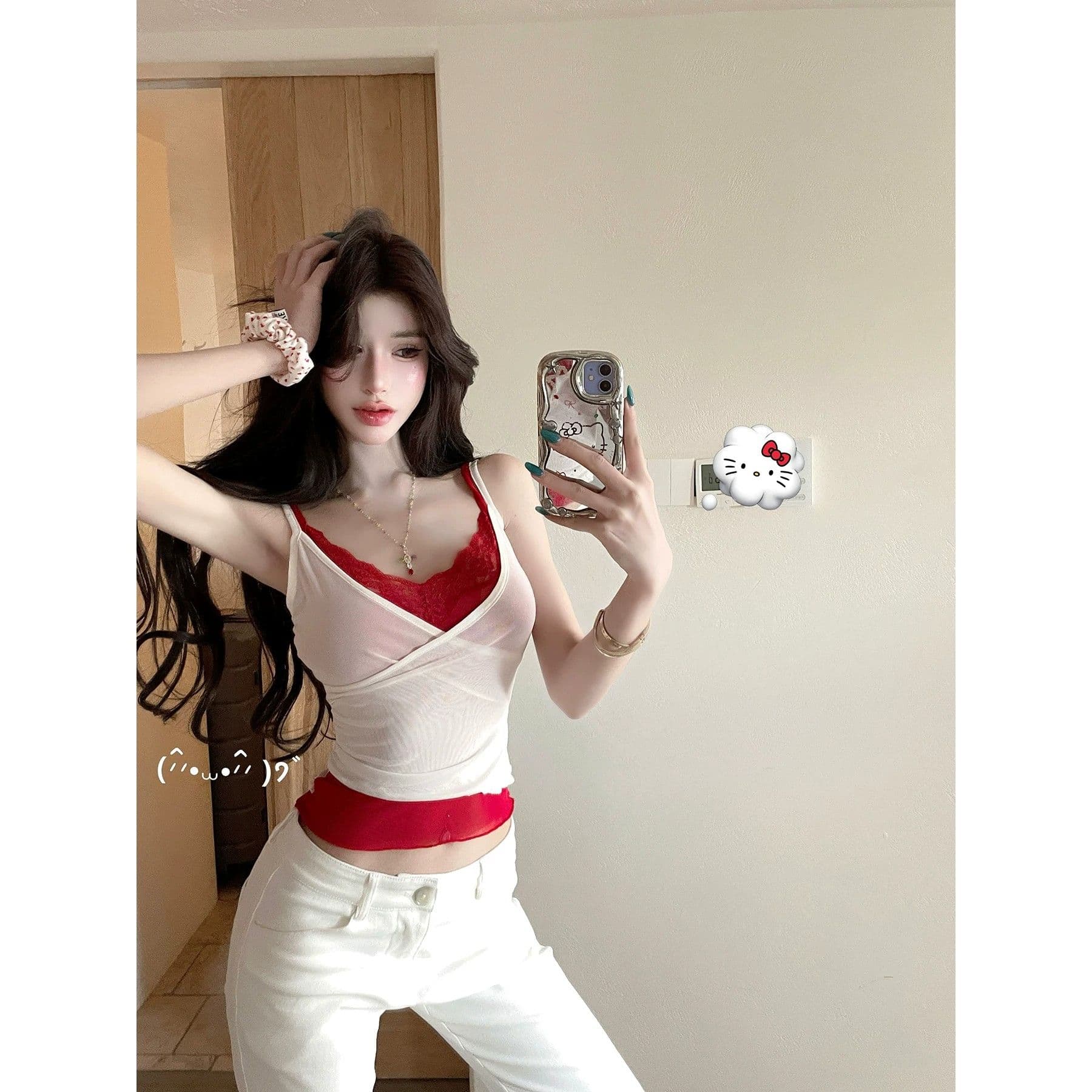 핫걸 바람 페이크 레이어드 레이스 캐미솔 여름 달콤함 핫걸 바람 V넥 몸매 가꾸기 분위기 센스 맨위 트렌디 이미지 3